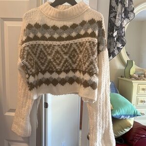 Free People Cropped Cowl Neck Sweater in Cream and Olive